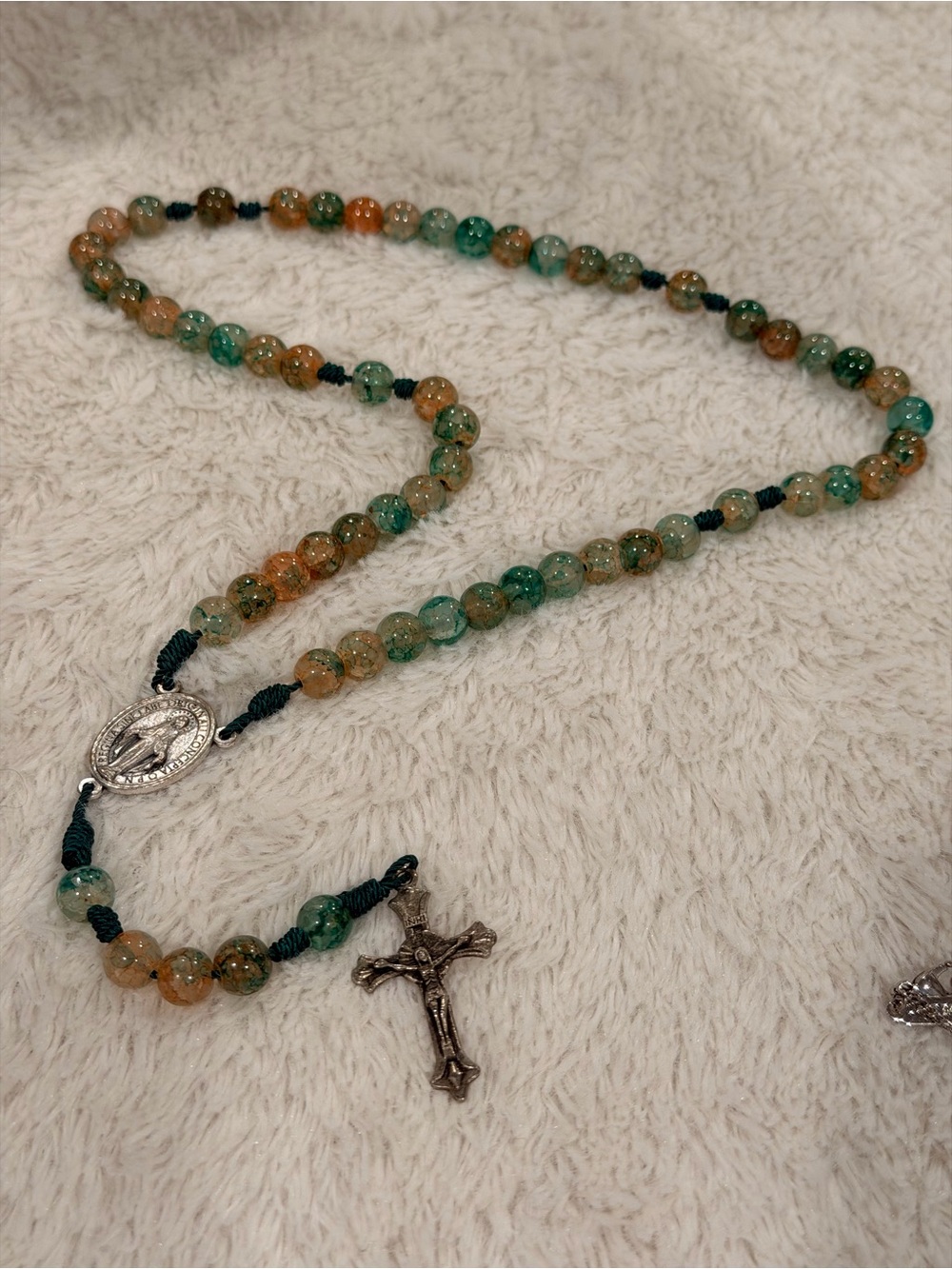 handcrafted Catholic rosary green & brown Indian agate beads, Miraculous Medal - Picture 1 of 7